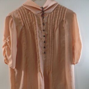 Downeast Top Women's Peach Sheer Chiffon Ruffled Short Sleeve Blouse Sz M